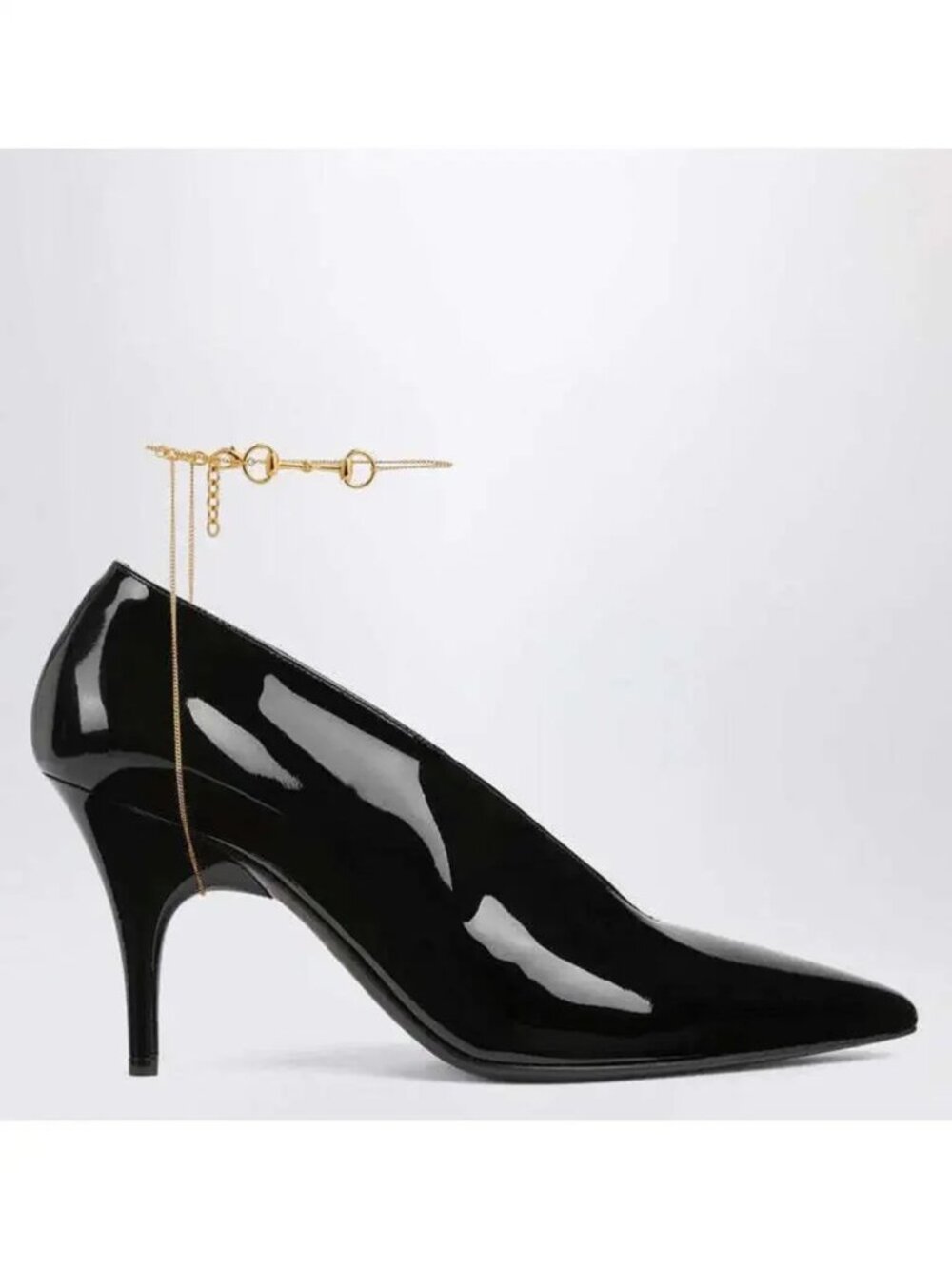 NEW Gucci Vernice Crystal Black Patent Leather Pumps w/ Ankle Chain 851419